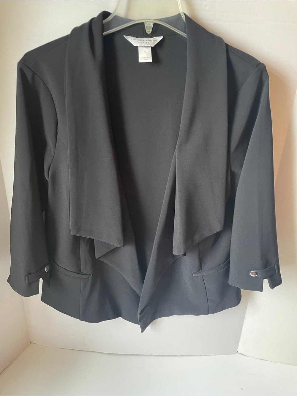 Christopher Banks Women's Petite Large Black Draped Open Front Blazer Jacket
